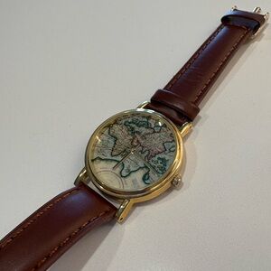 Vintage Map Dial Stainless Steel and Leather Watch